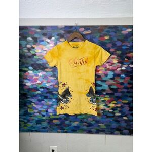 Y2k Sinful Yellow Tie Dye Bird Stars Graphic T Shirt Women's Medium